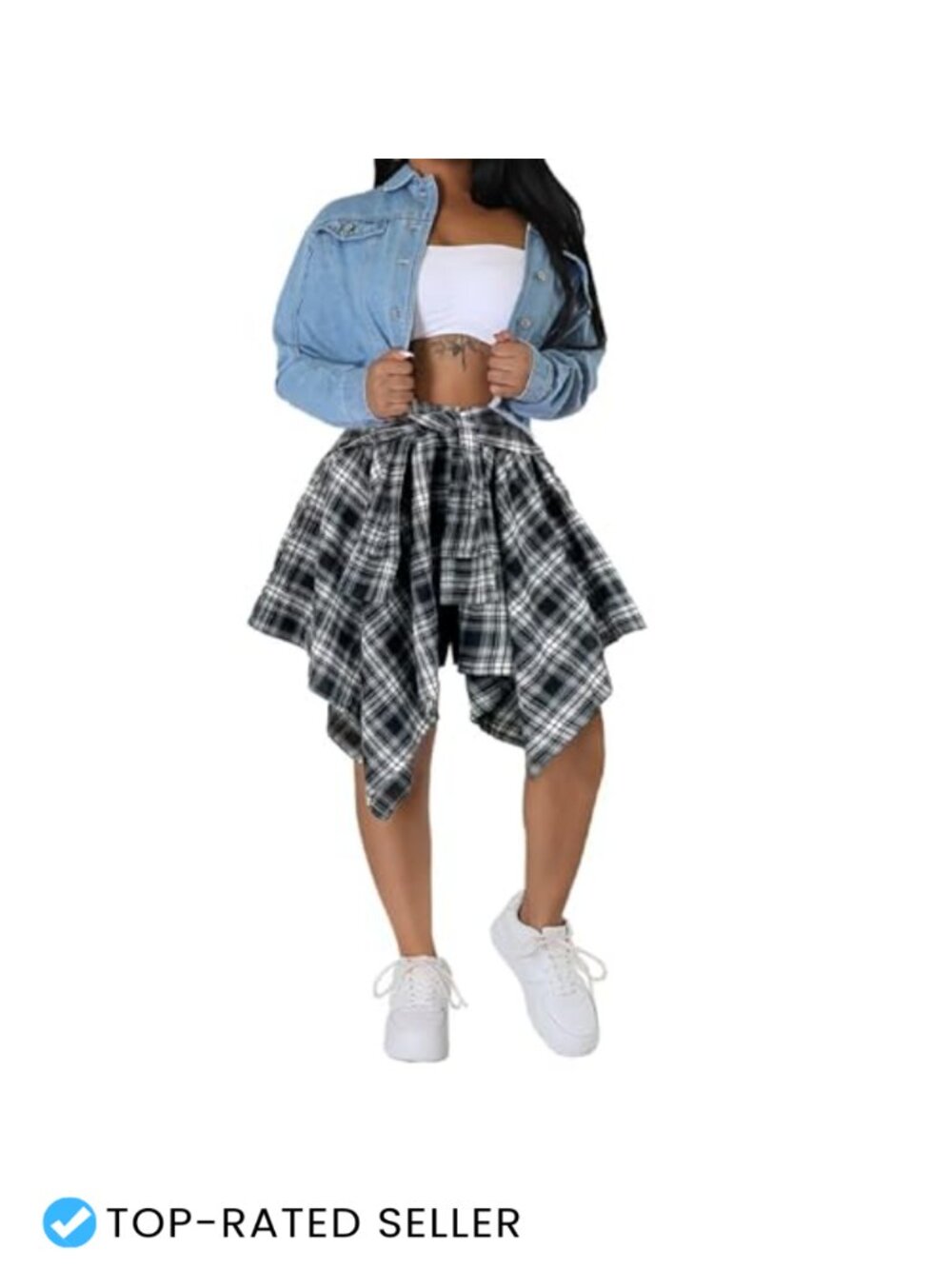 Plaid Mini Skirt High Waist Knot Asymmetrical Hem A-Line